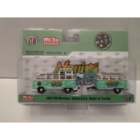 VOLKSWAGEN T1 1959 MICROBUS DELUXE USA MDL & TRAILER MAUI & SONS 1:64 M2 MACHINES