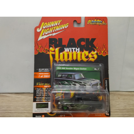 AMC RAMBLER 1960 WAGON CUSTOM BLACK WITH FLAMES 1:64 JOHNNY LIGHTNING