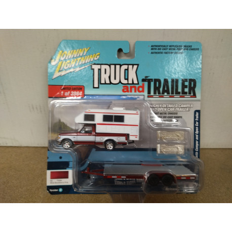 FORD F-150 1993 + CAMPER & OPEN CAR TRAILER 1:64 JOHNNY LIGHTNING