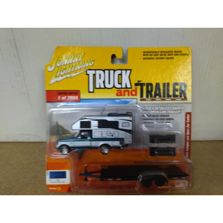 FORD F-150 1993 + CAMPER silver & OPEN CAR TRAILER 1:64 JOHNNY LIGHTNING