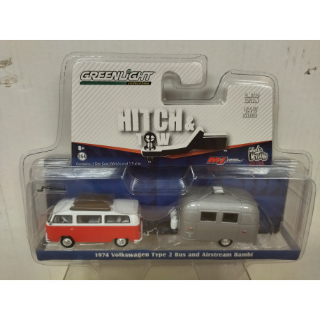 VOLKSWAGEN T2 1974 BUS & AIRSTREAM BAMBI HITCH & TOW 1:64 GREENLIGHT