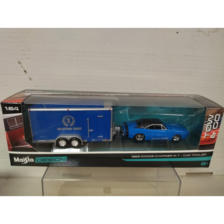 DODGE CHARGER 1969 R/T + CAR TRAILER DESIGN TOWN & GO 1:64 MAISTO