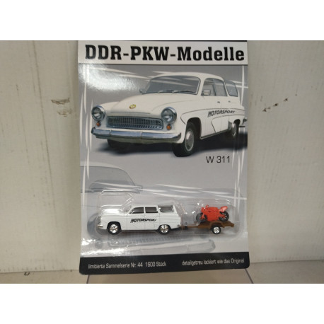 WARTBURG 311 KOMBI MOTORSPORT + TRAILER BIKE DDR-PKW-MODELLE 1:64 GRELL