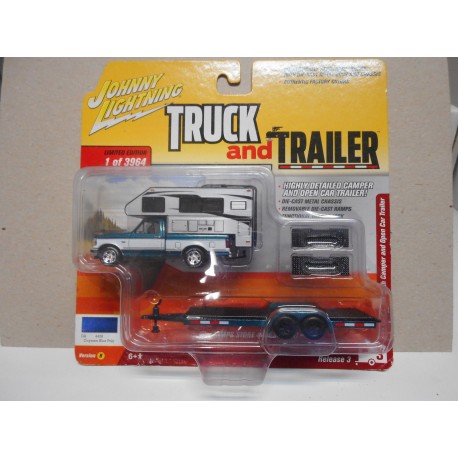 FORD F-150 W/CAMPER AND OPEN CAR TRAILER 1:64 JOHNNY LIGHTNING USADO/CARTON MAL