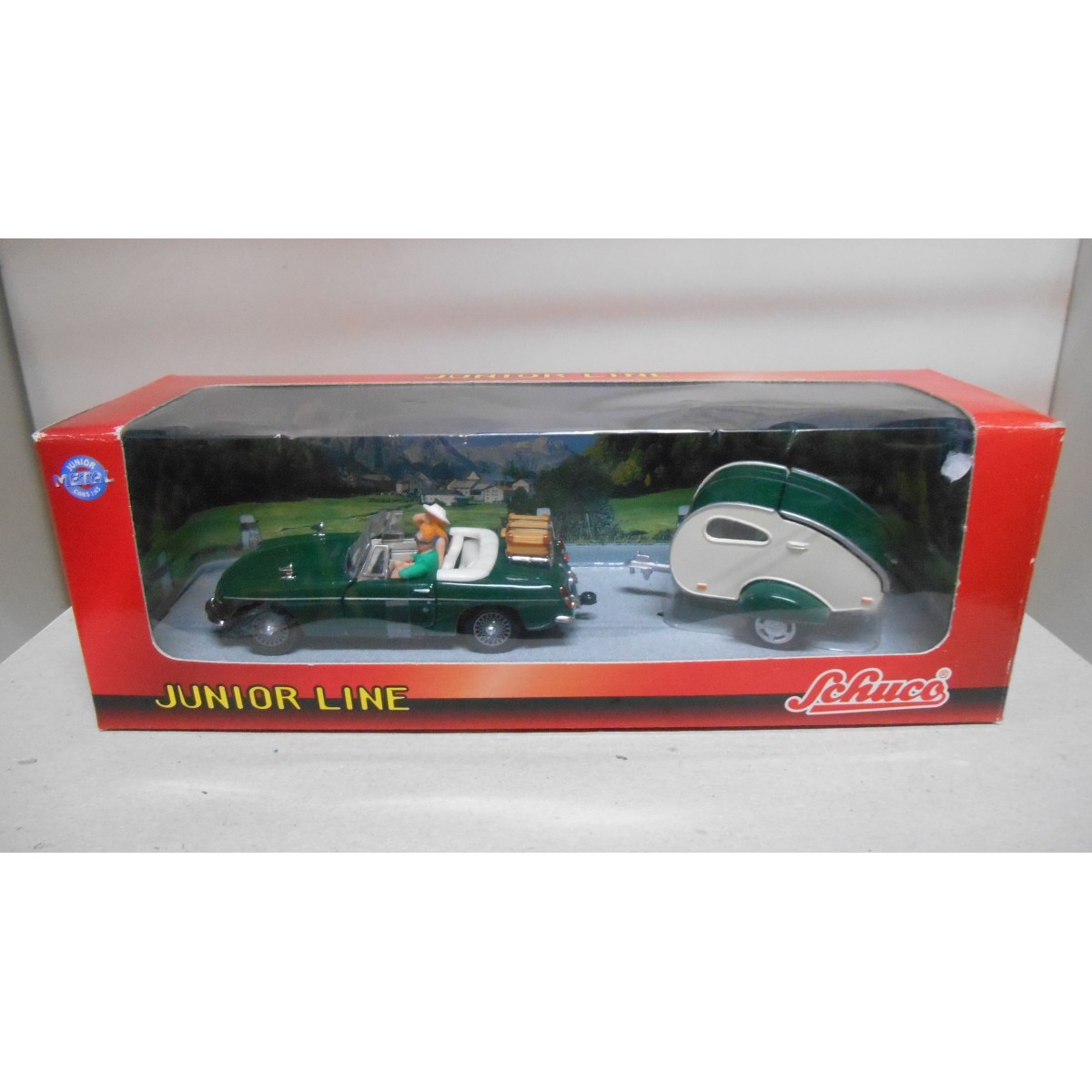 MG MGB CABRIO OPEN GREEN + ROULOTTE/CARAVANA 1:43 SCHUCO JUNIOR LINE - BCN  STOCK CARS